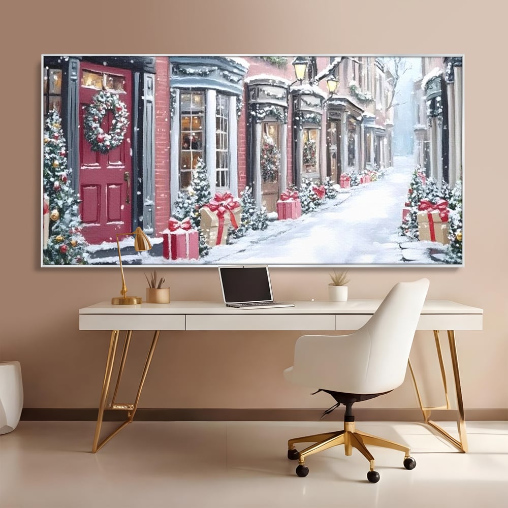 Tablou canvas cu tablou canvas cu strada urbana de iarna, in rama de aluminiu argintiu, pe perete intr-un birou